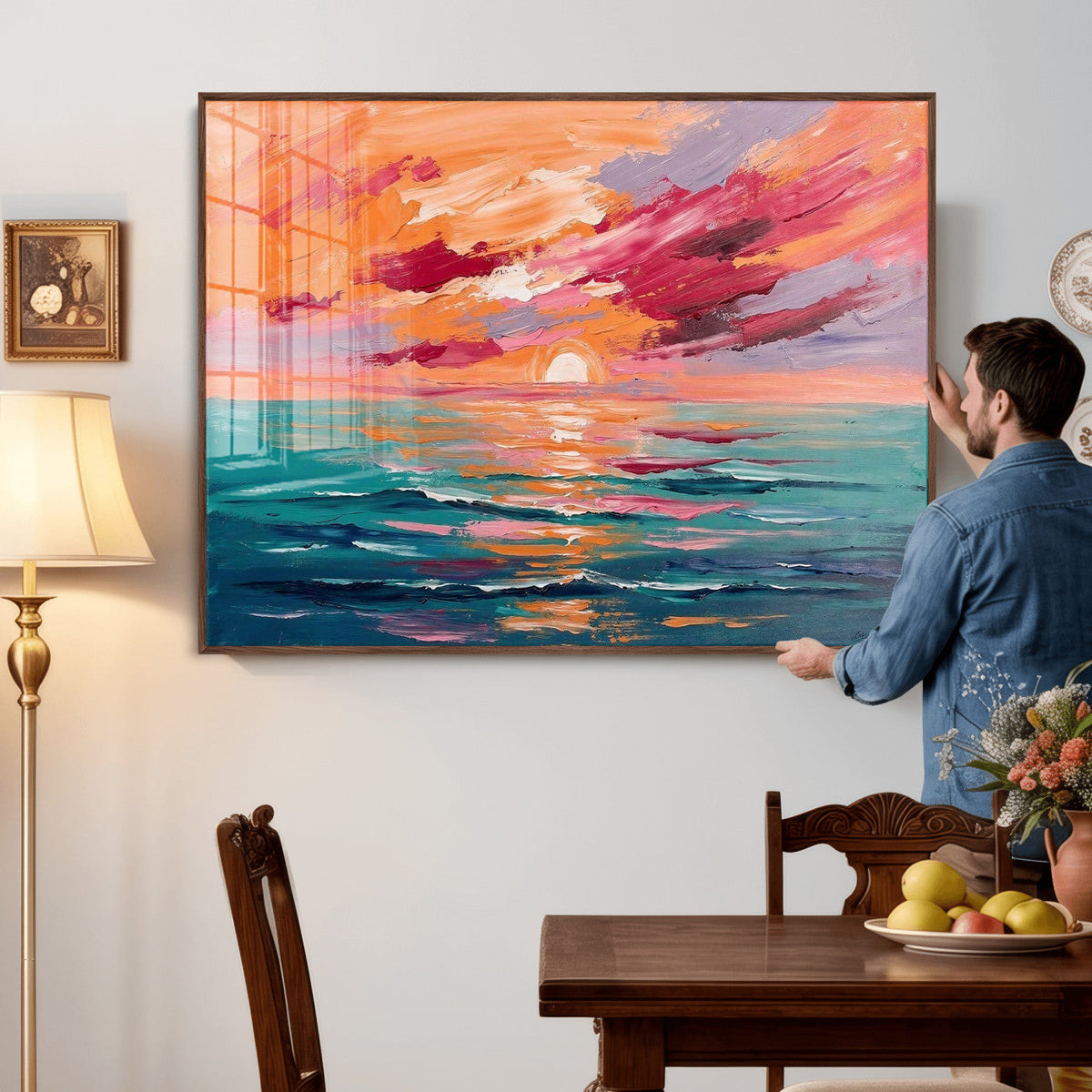 Bold Palette Knife Ocean Sunset Canvas — Orange Pink Teal
