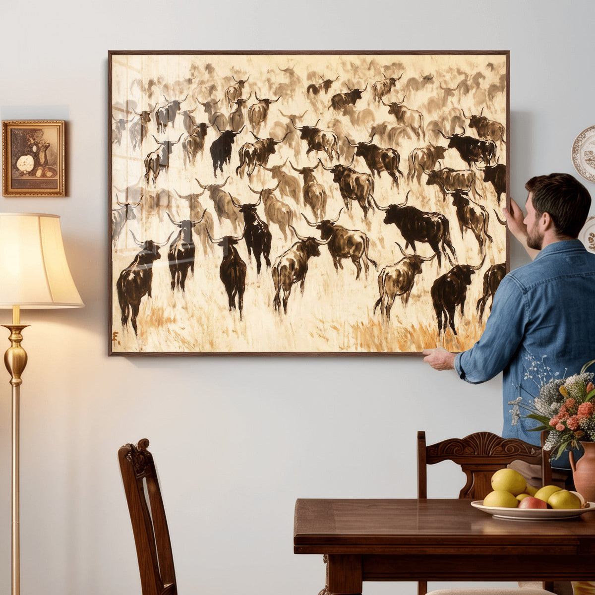 Texas Longhorn Sepia Canvas Wall Art, Western Cattle