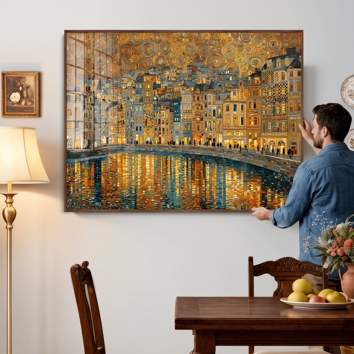 Gustav Klimt Golden Cityscape Wall Art Canvas Print, Framed