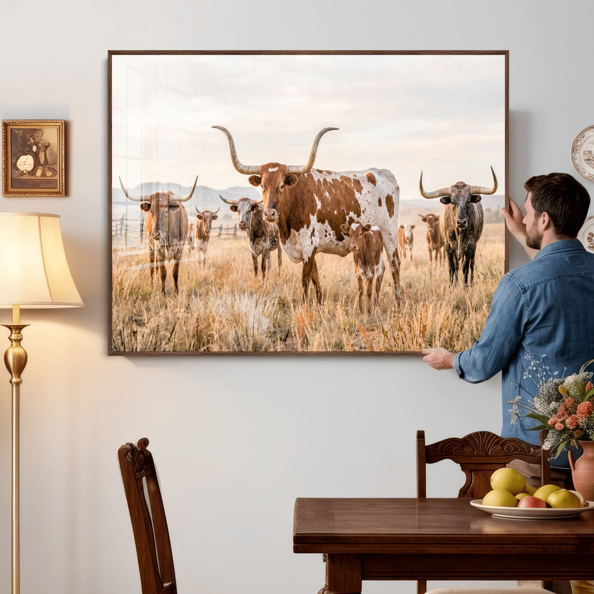Texas Longhorn Canvas Wall Art, Rustic Farm Animal Photography Print, Farmhouse Country Decor, Western Ranch Art