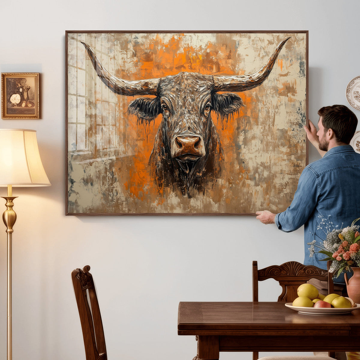 Abstract Cow Longhorn Bull Wall Art Canvas Print - Rustic