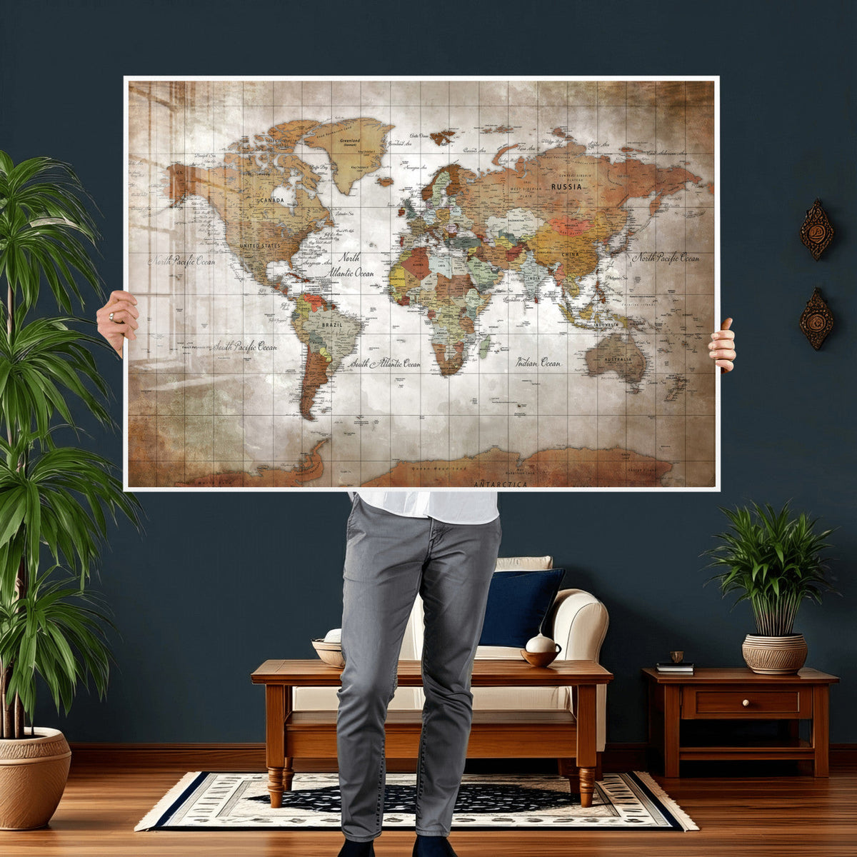 Vibrant Watercolor World Map Canvas Wall Art – Framed Travel