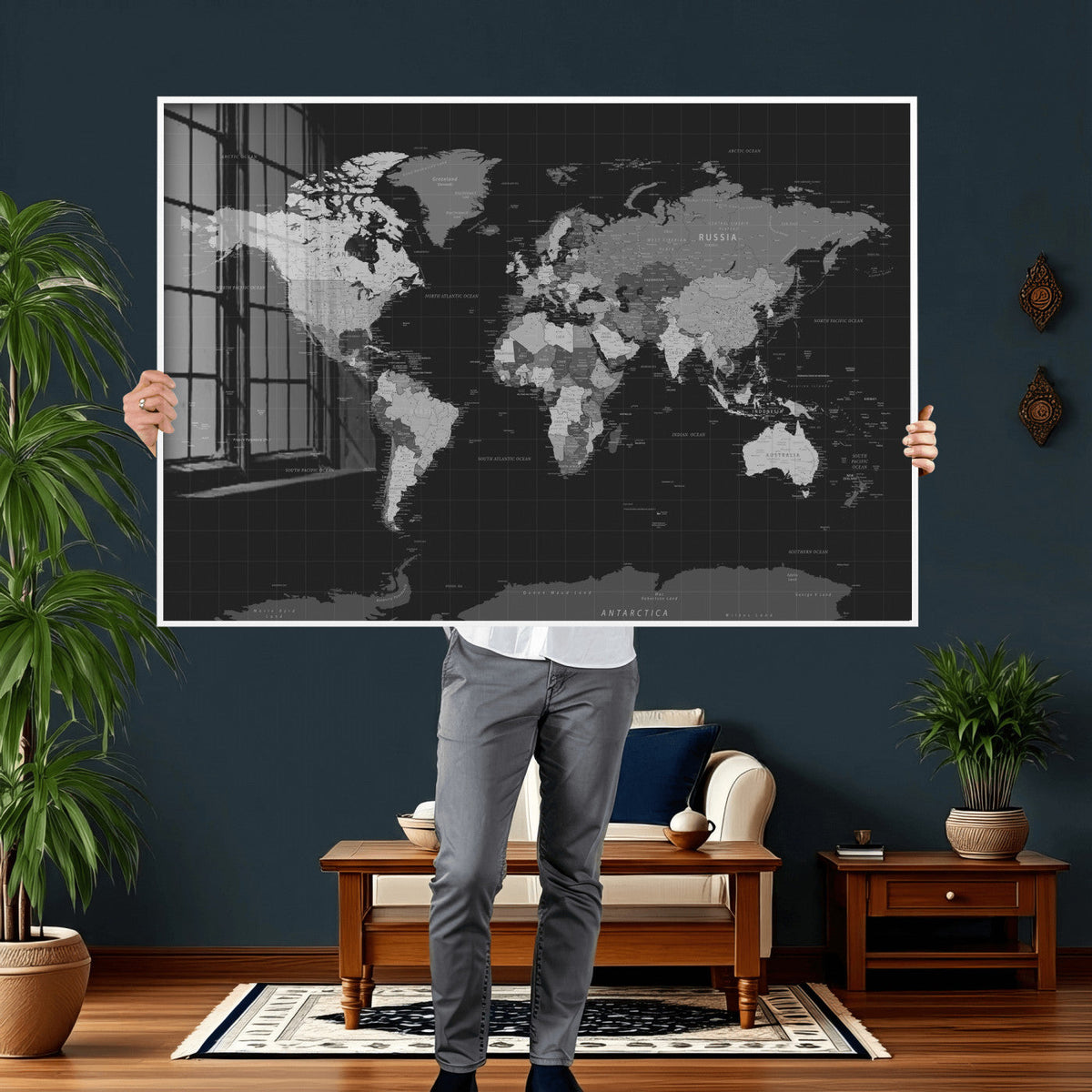 Black World Map Wall Art Canvas Print – Detailed Map of the