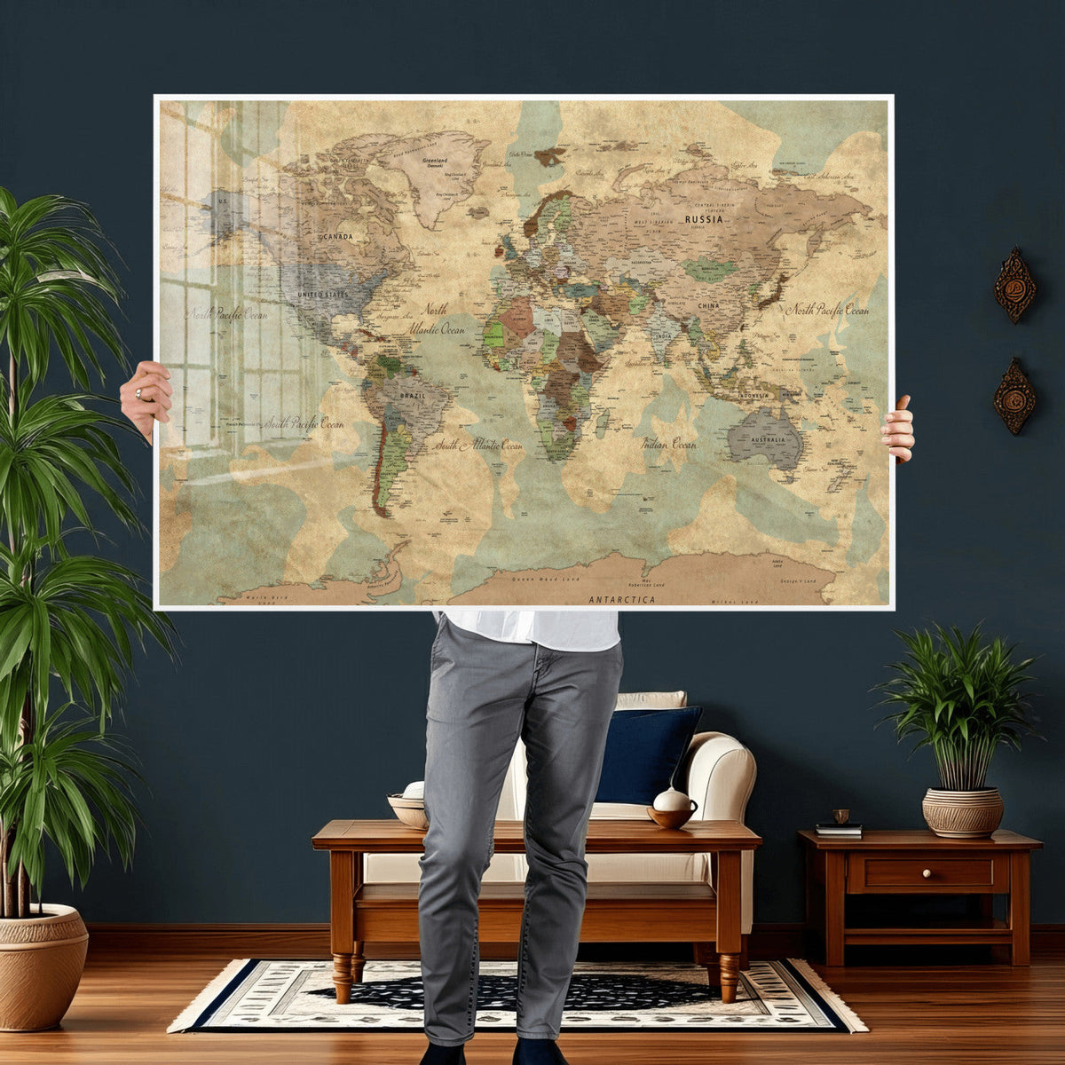 Vintage World Map Wall Art | Ready to Hang and Framed