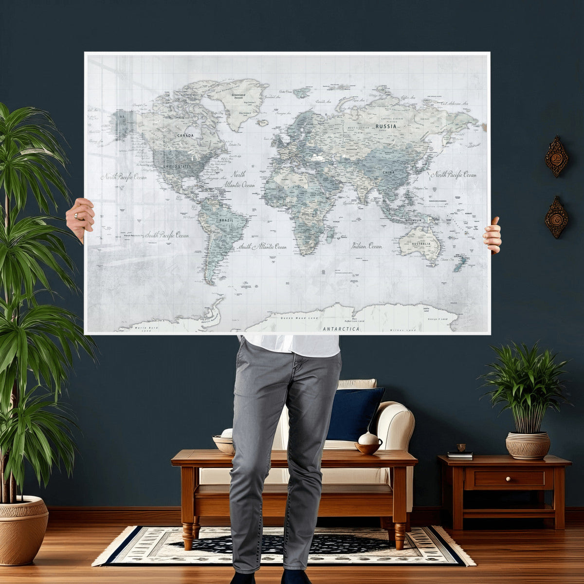 Push Pin World Map Canvas Print - Detailed Vintage World Map
