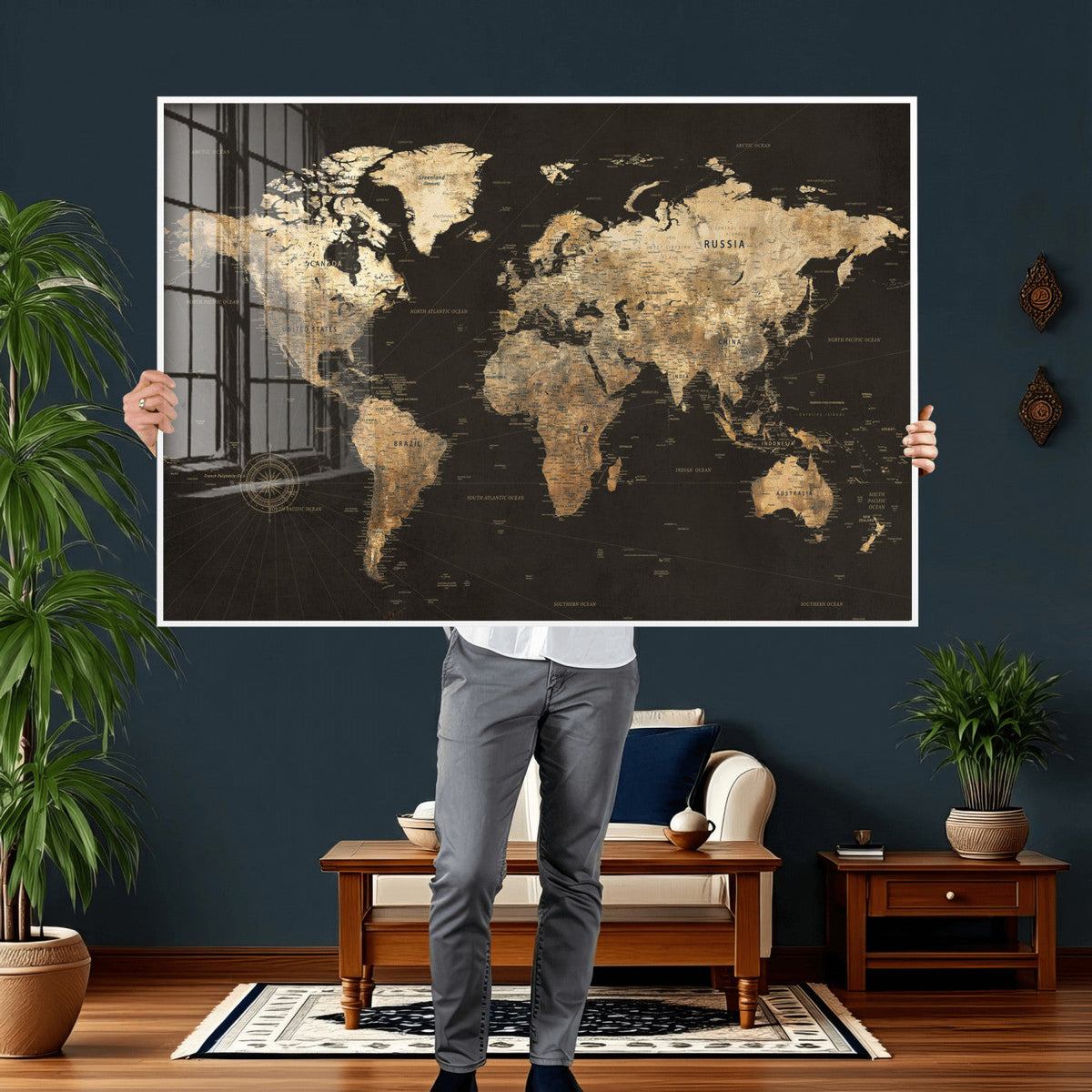 Framed World Map with Pin Canvas Print – Detailed World Map