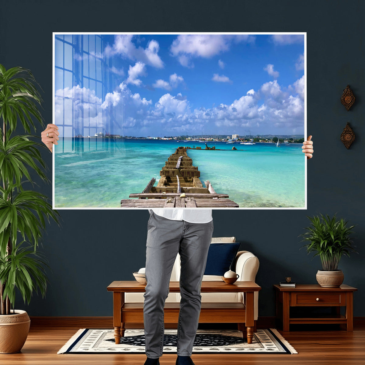Caribbean Ocean Pier Seascape Wall Art Canvas Print,