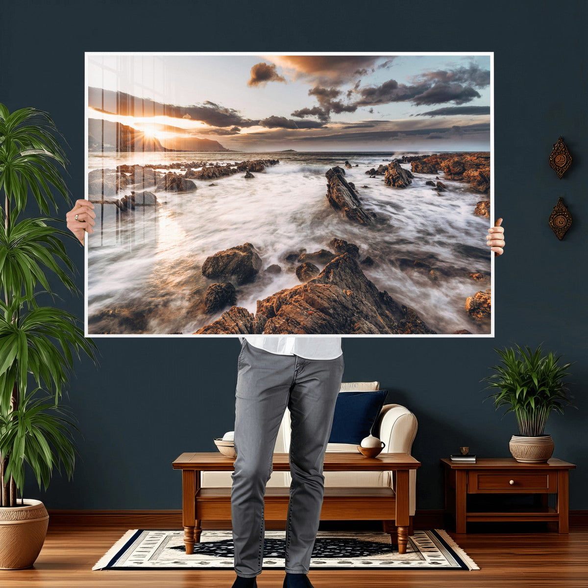 Rocky Coast Ocean Sunset Wall Art Canvas Print, Dramatic