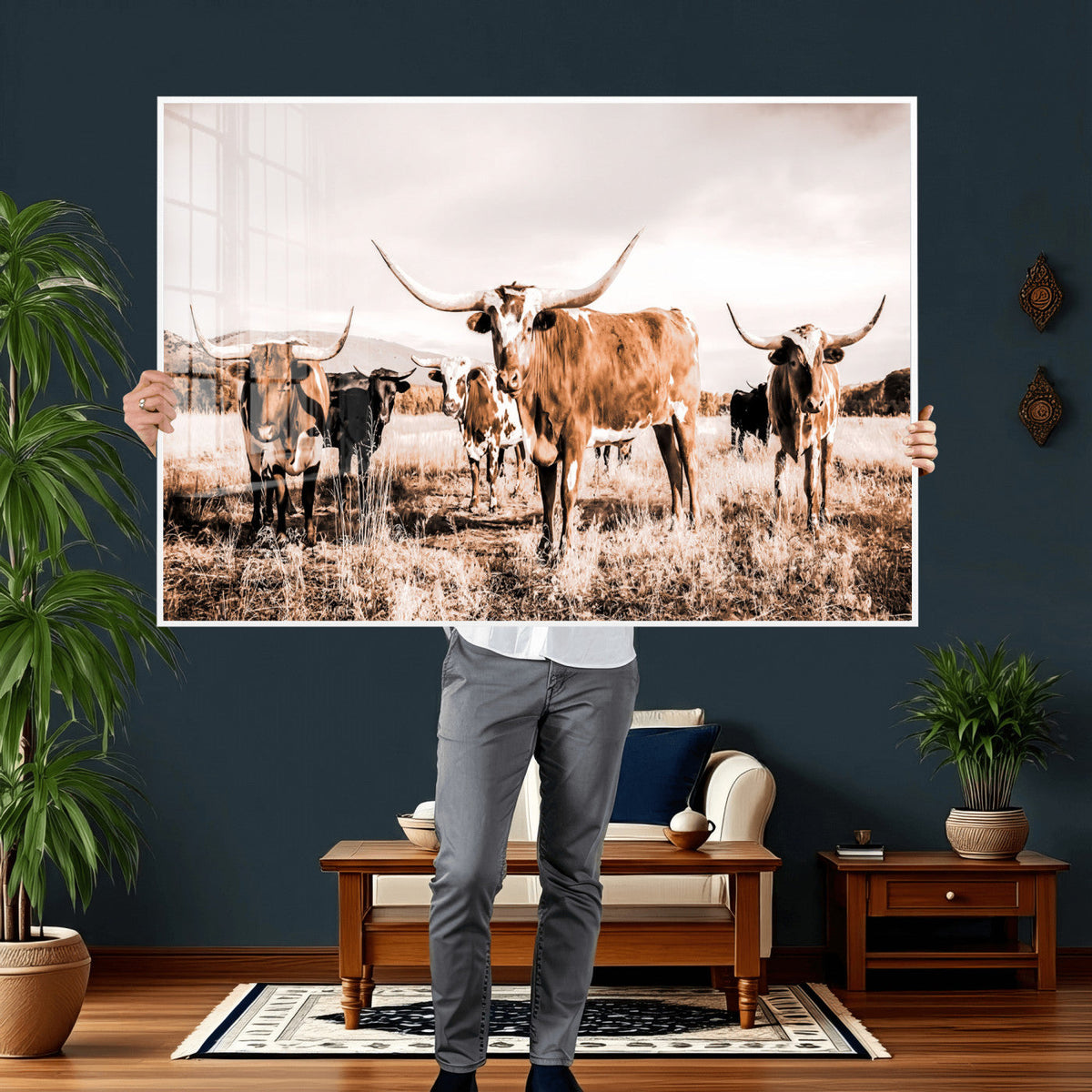 Texas Longhorn Cattle Wall Art Canvas Print, Sepia Western