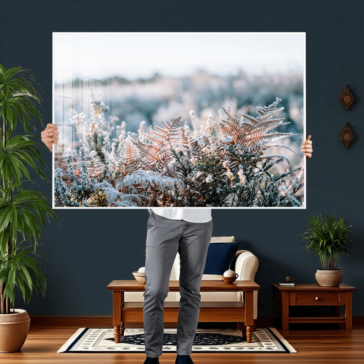 Frosted Fern Wall Art Canvas Print, Soft Winter Botanical