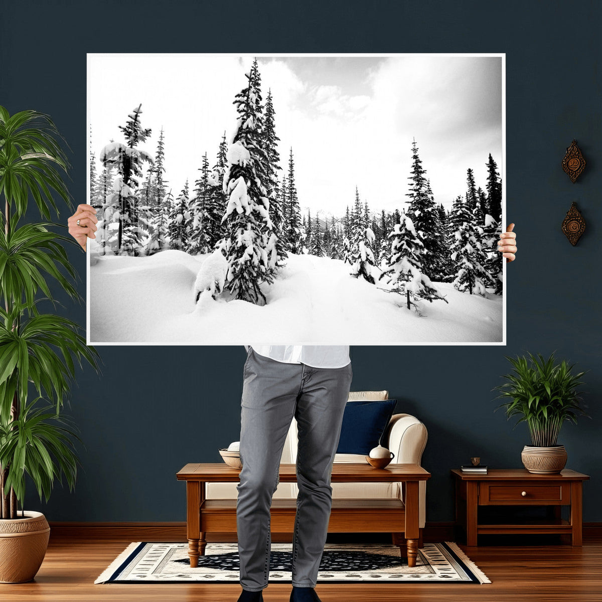 Black and White Snowy Pine Forest Wall Art Canvas Print,