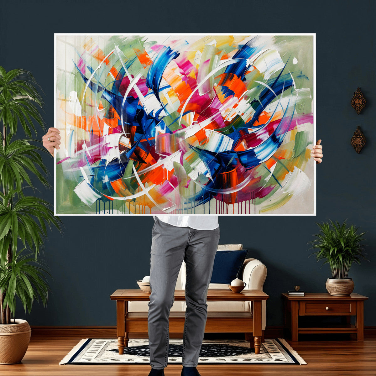 Geometric Abstract Wall Art Canvas Print, Orange Blue