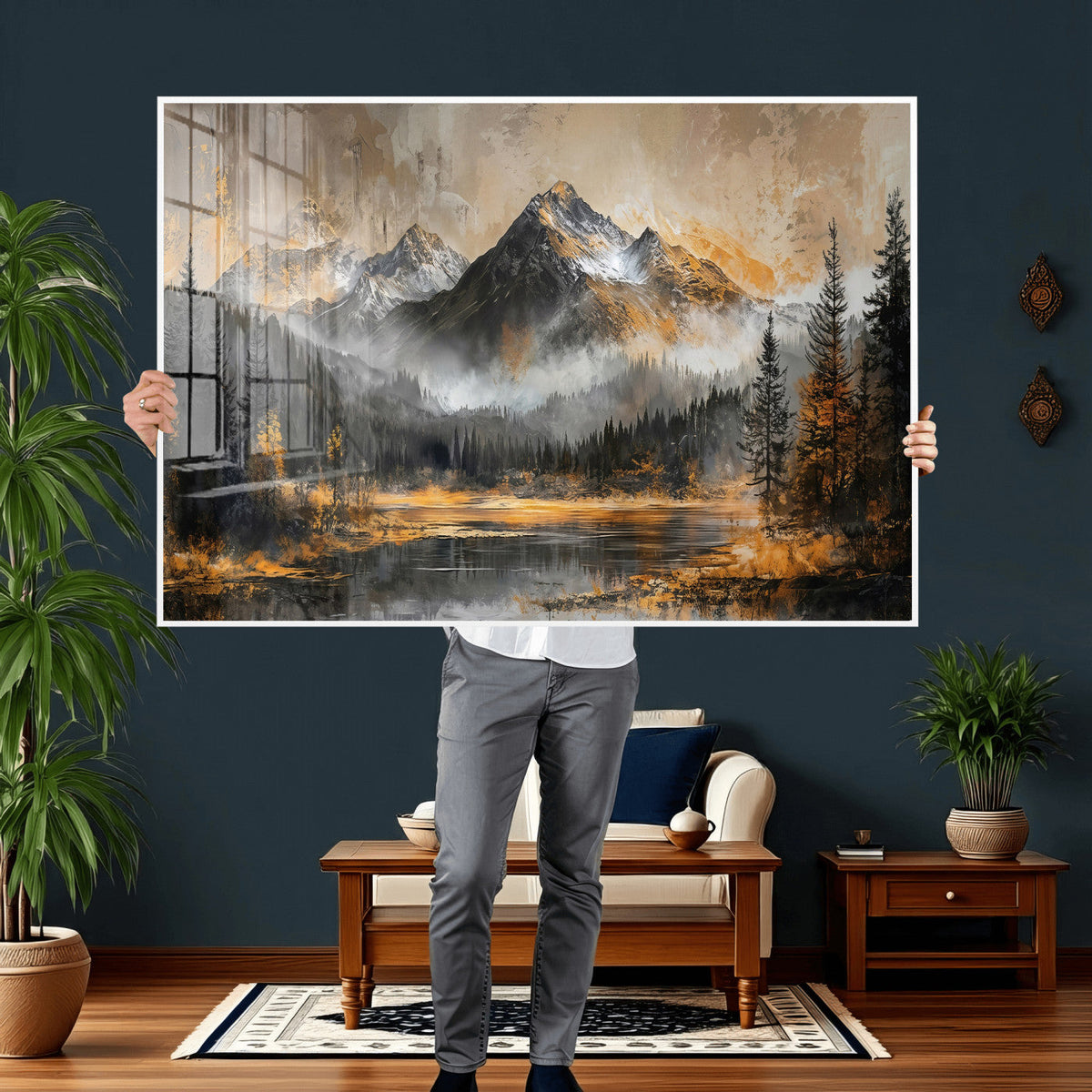 Mountain Lake Canvas Wall Art — Rustic Forest Landscape