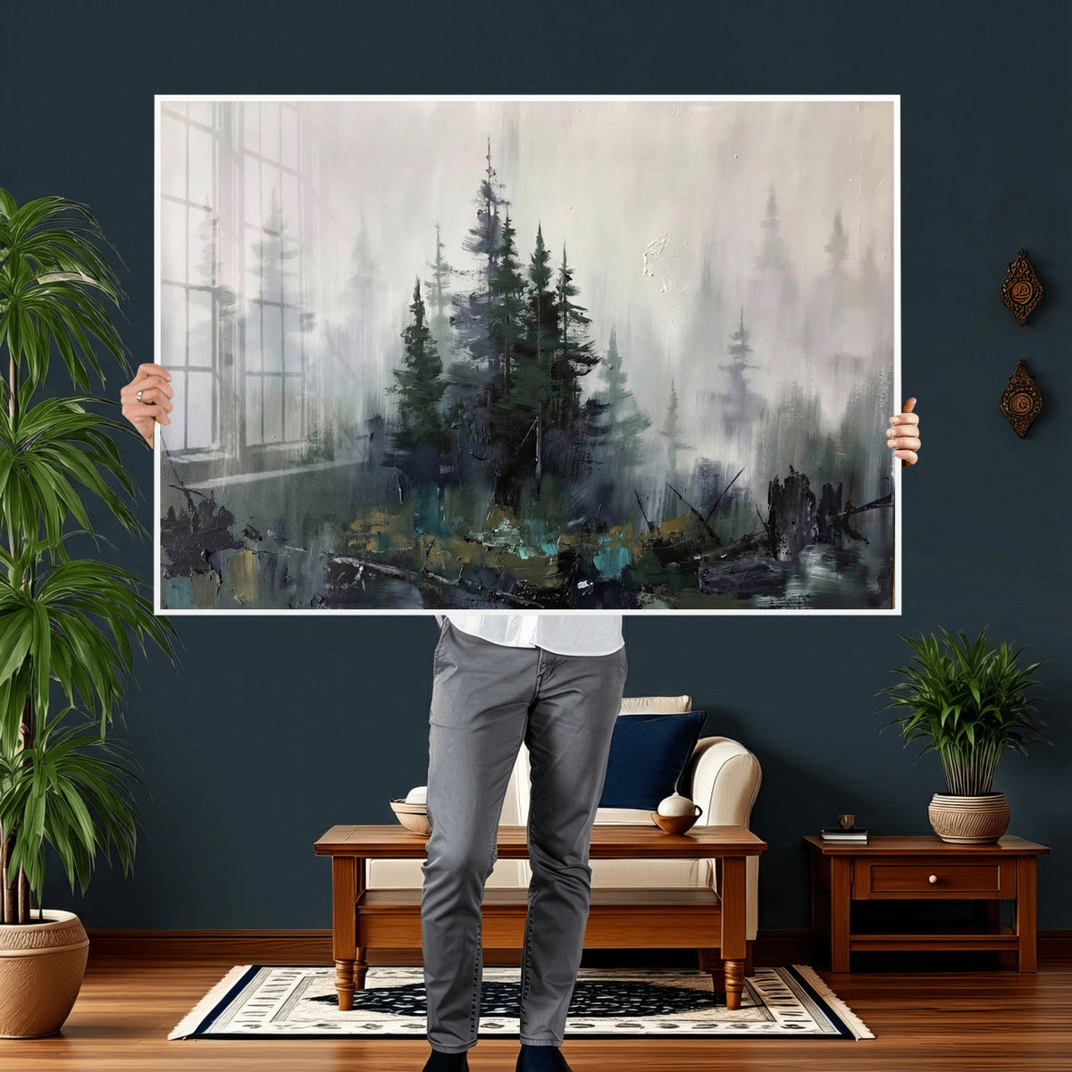Misty Pine Forest Oil Painting Canvas — Dark Moody Teal Grey