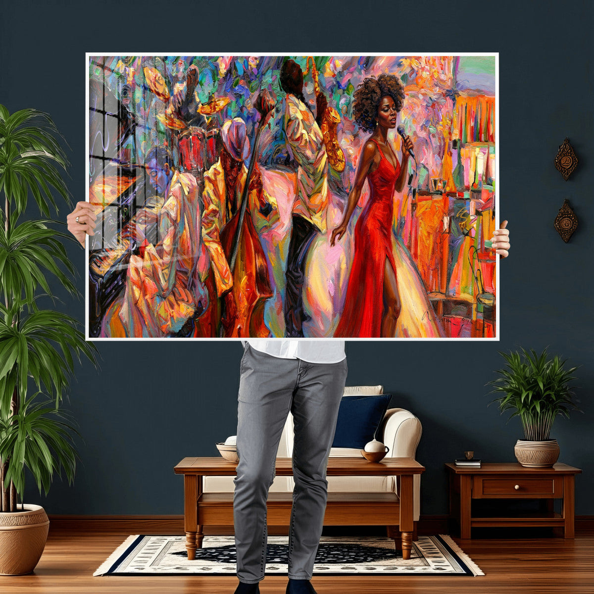 African American Jazz Singer Canvas Art — Red Dress Black