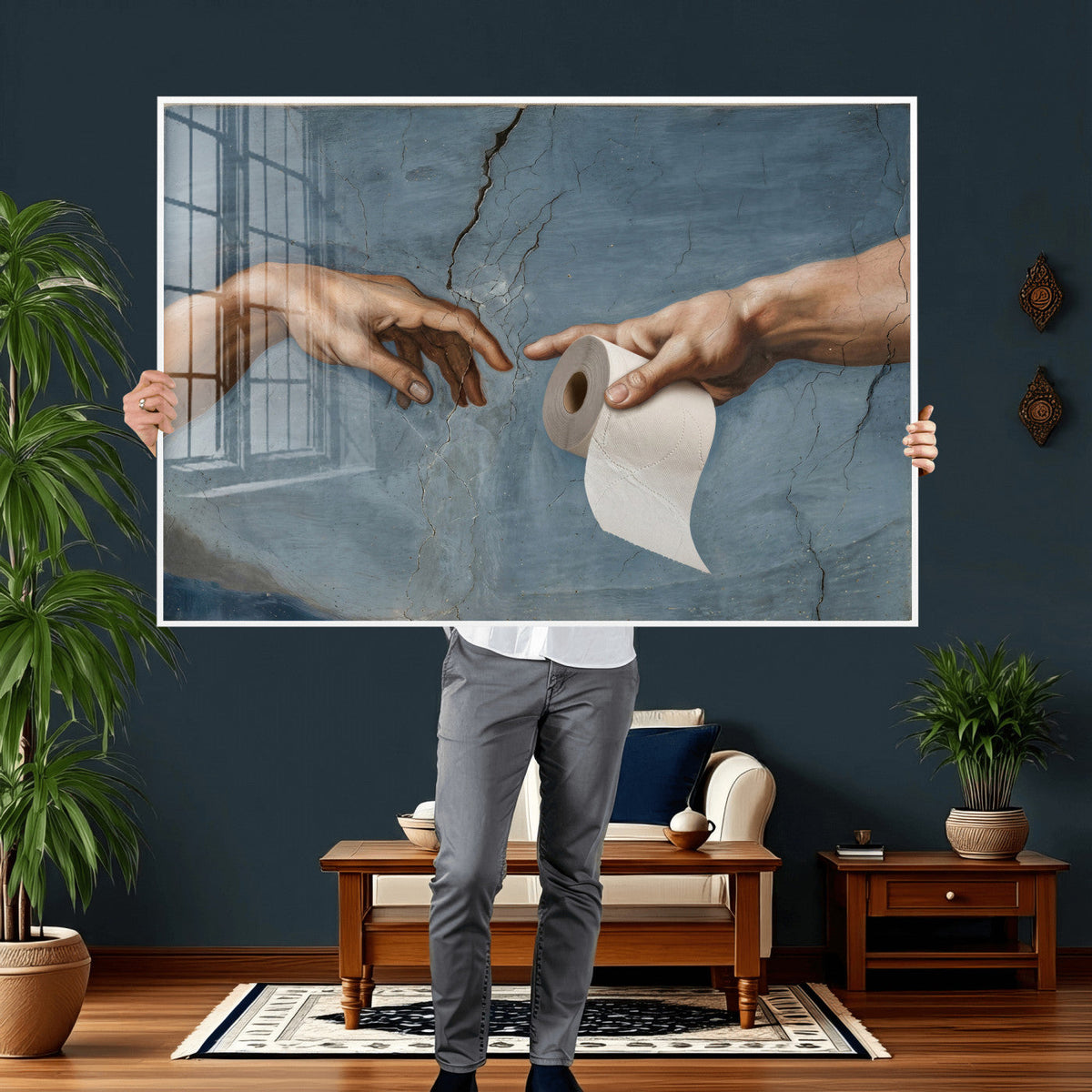 Funny Bathroom Canvas Wall Art, Michelangelo Creation of