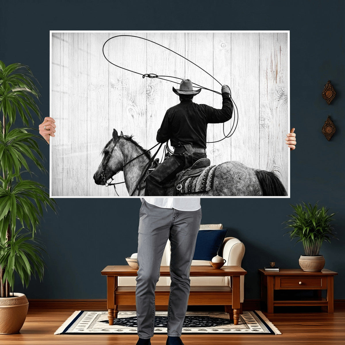 Cowboy Lasso Canvas Wall Art, Black White Western Horse
