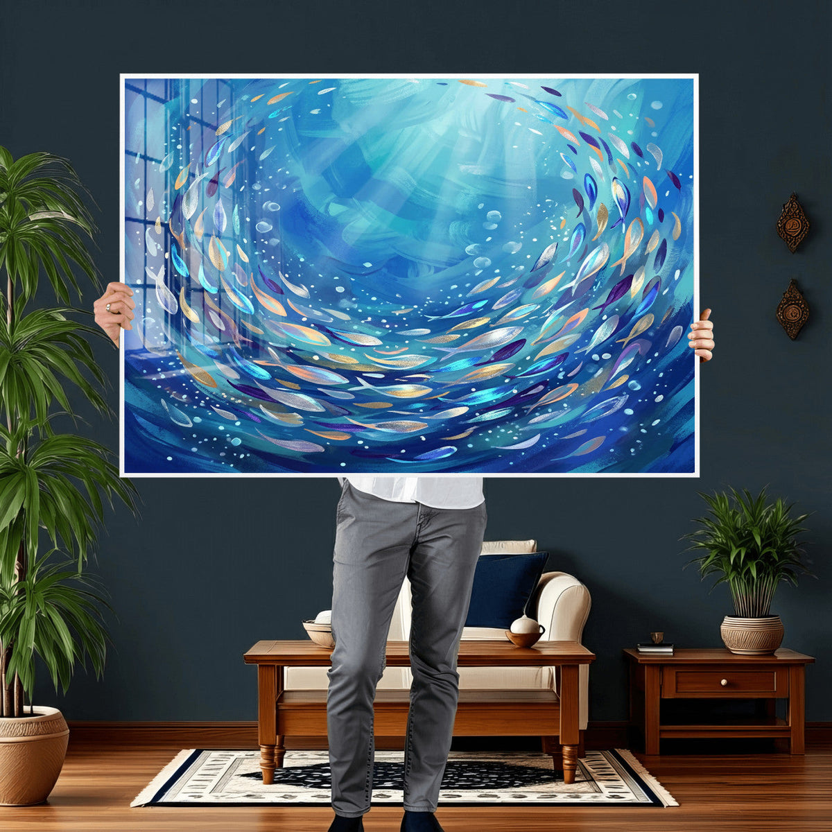 School of Fish Canvas Print | Blue Ocean Underwater Wall Art