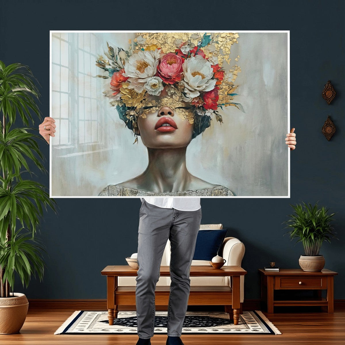 Golden Petal Wall Art Canvas Print - Silhouette Woman Wall