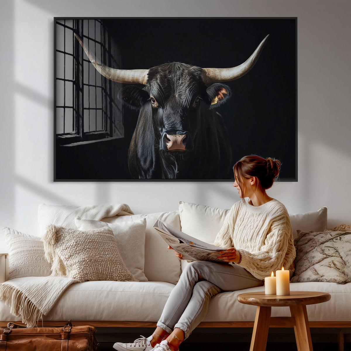 Majestic Longhorn Bull Wall Art Canvas Print – Dark