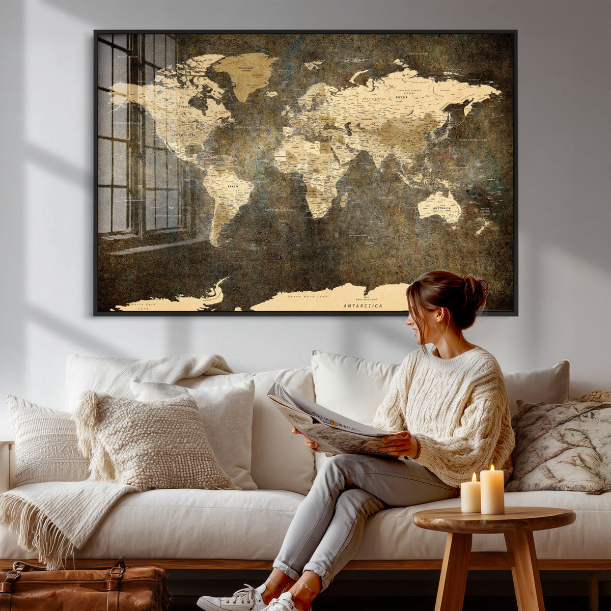 Large Framed Vintage World Map Wall Art Print for Home Wall