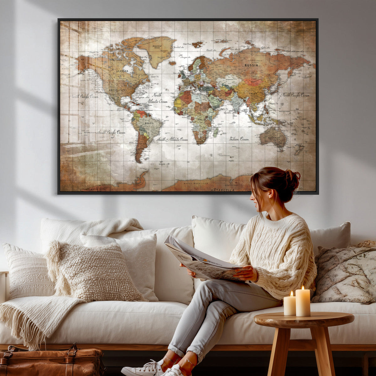 Vibrant Watercolor World Map Canvas Wall Art – Framed Travel