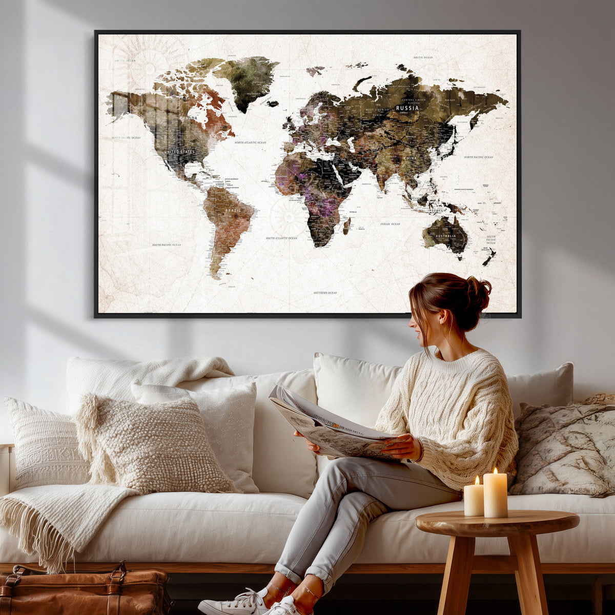 Watercolor World Map Print - Large Wall Art Canvas Print for