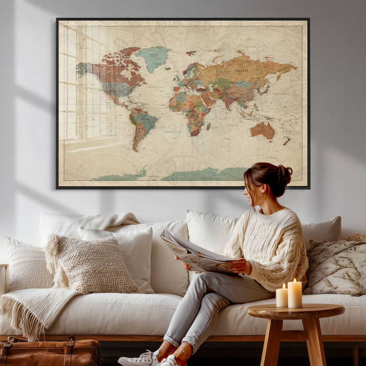 Vintage World Map Canvas Wall Art Print – Framed Modern