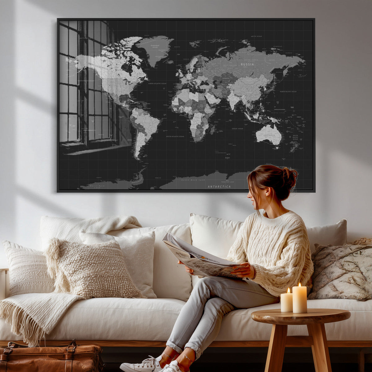 Black World Map Wall Art Canvas Print – Detailed Map of the