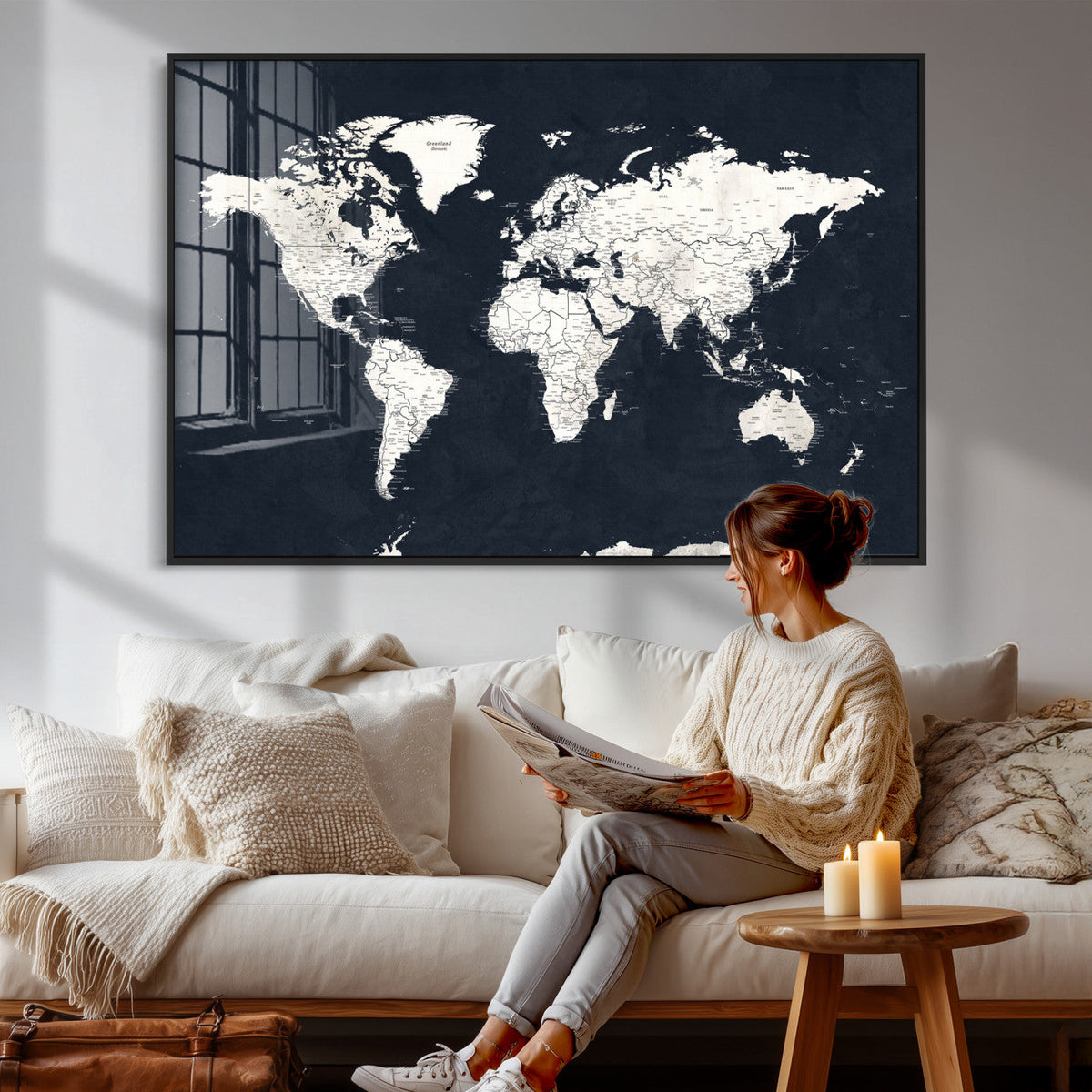 Black World Map Wall Art Canvas Print for Home Office and