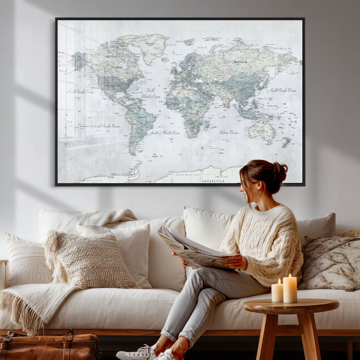 Push Pin World Map Canvas Print - Detailed Vintage World Map