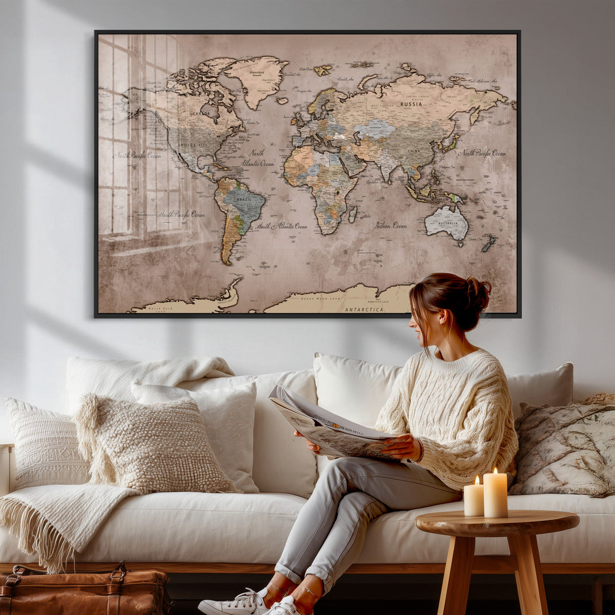 Grunge World Map Canvas Wall Art - Vintage Aged World Map
