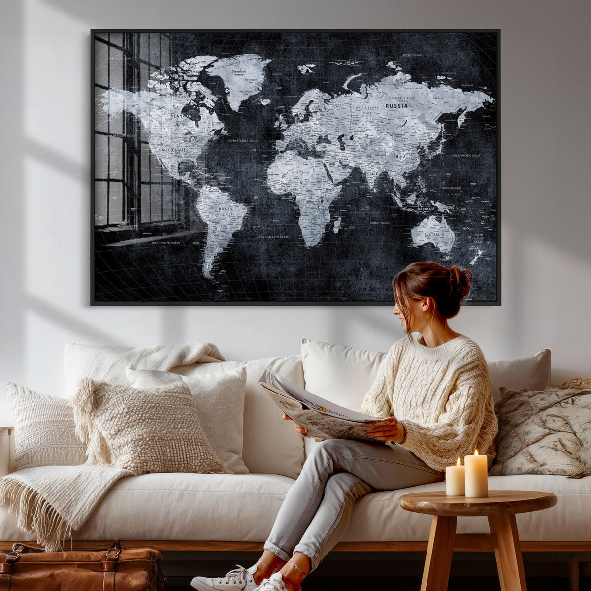 Black World Map Canvas Print – Detailed Map for Couples and