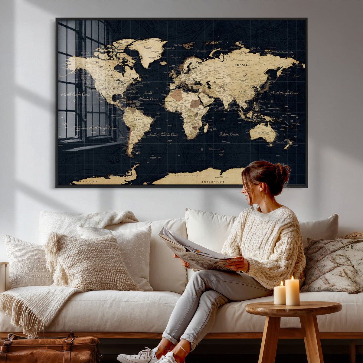 Dark World Map Canvas Wall Art Print, Minimal Black and Gold