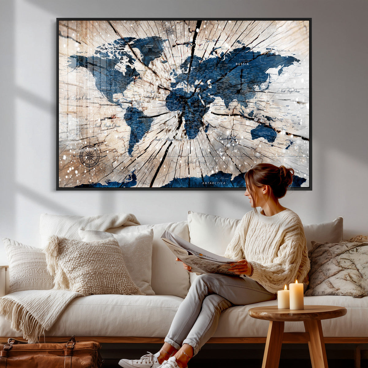 Rustic World Map Canvas Print – Framed Wall Art for Couples,