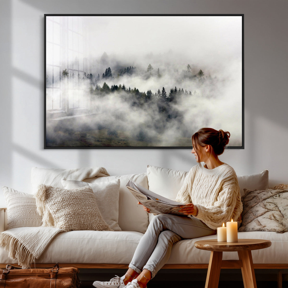 Foggy Forest Wall Art Canvas Print, Misty Pine Tree