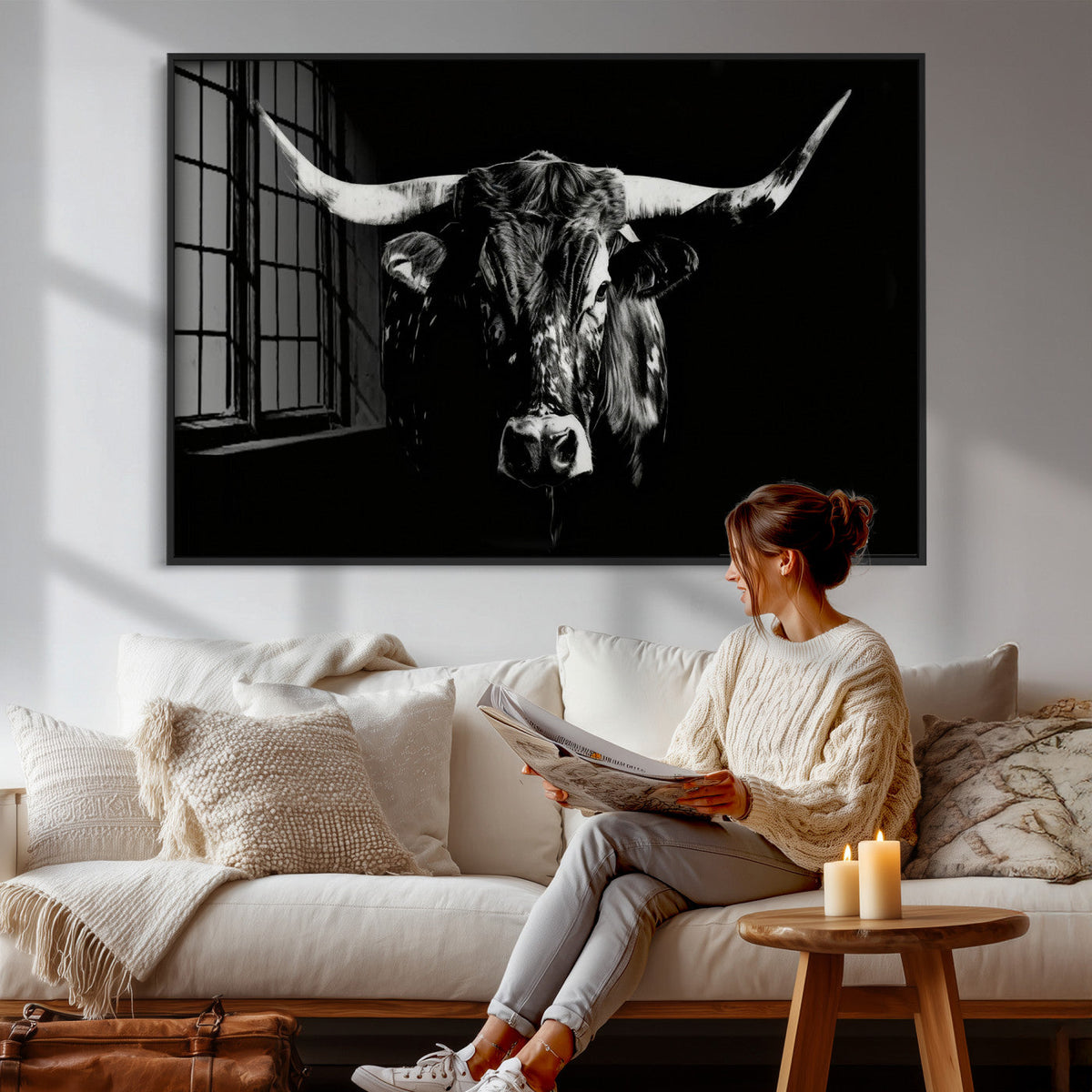 Black Bull Wall Art Canvas Print, Dark Longhorn Portrait