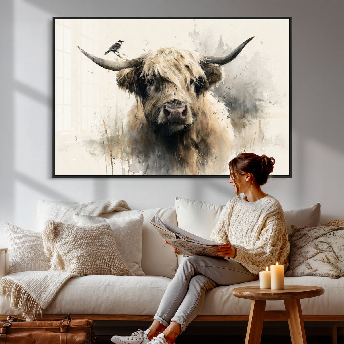 Abstract Highland Cow Wall Art Canvas Print, Rustic Farm