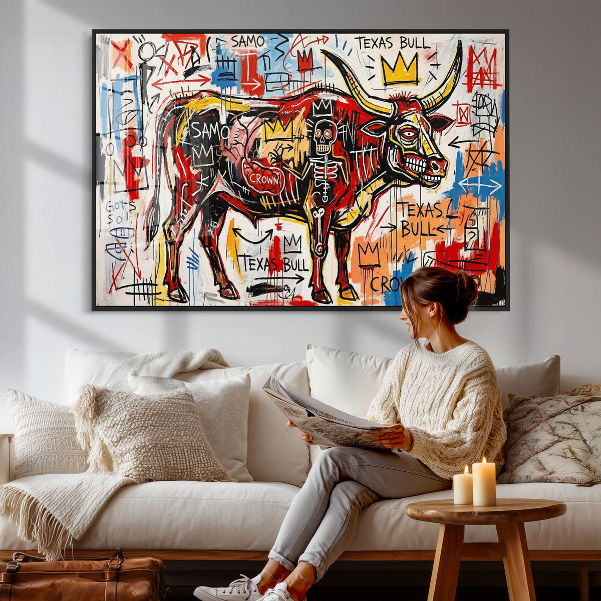 Texas Bull Wall Art Canvas Print, Abstract Graffiti Bull