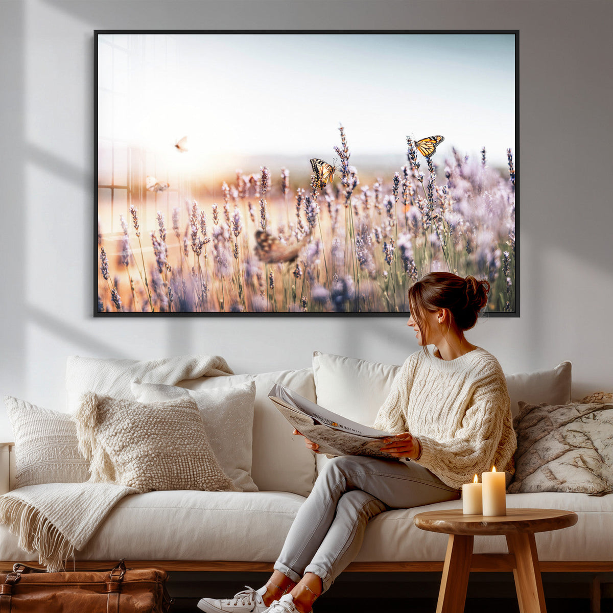 Lavender Field Wall Art Canvas Print, Butterfly Floral
