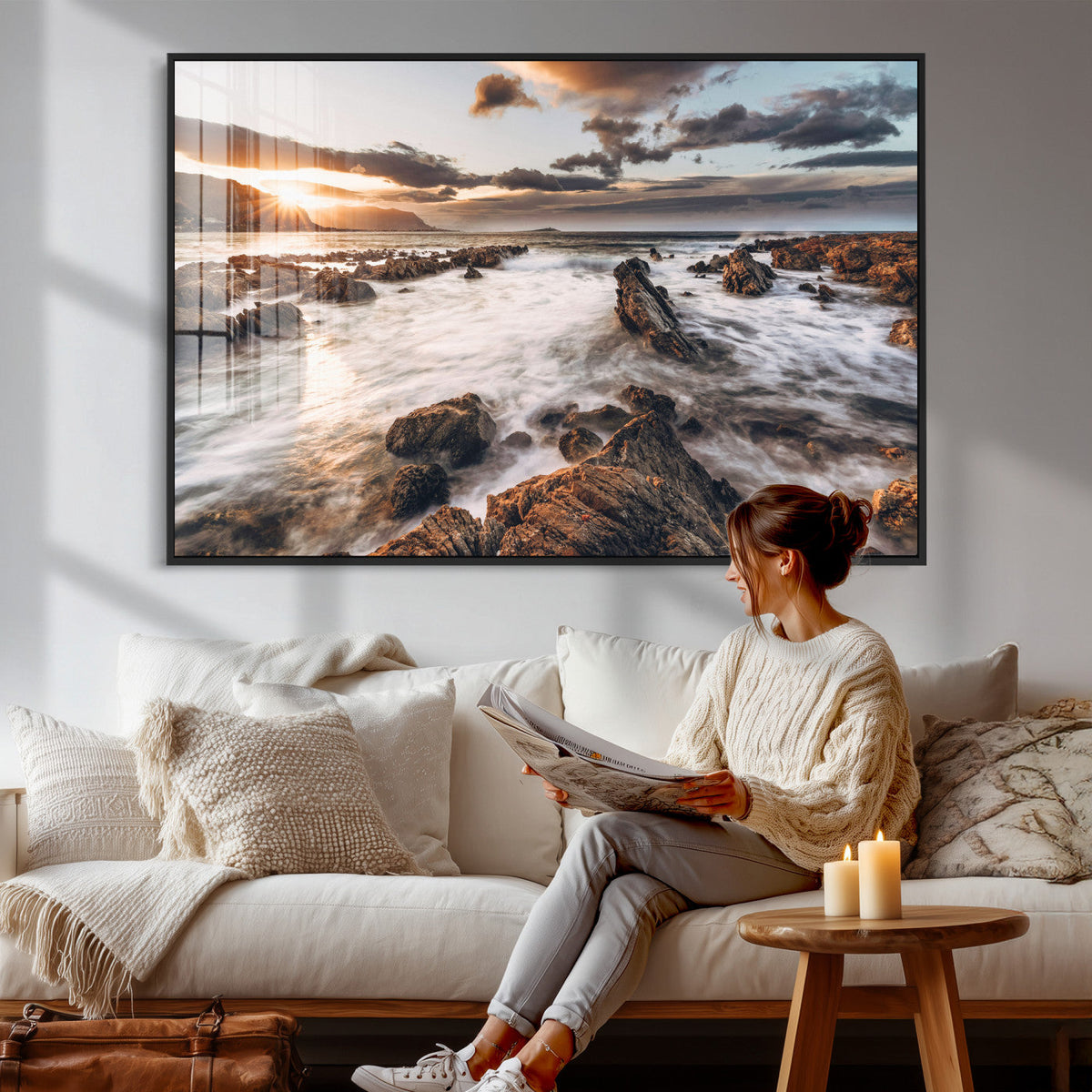 Rocky Coast Ocean Sunset Wall Art Canvas Print, Dramatic