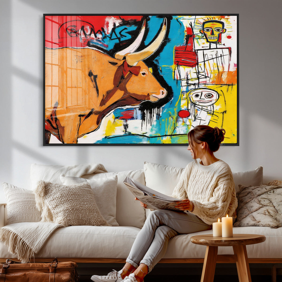 Basquiat Style Bull Graffiti Wall Art Canvas Print, Street