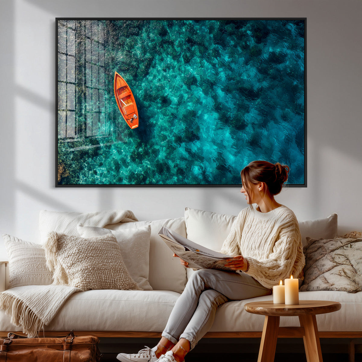 Turquoise Ocean Boat Wall Art Canvas Print