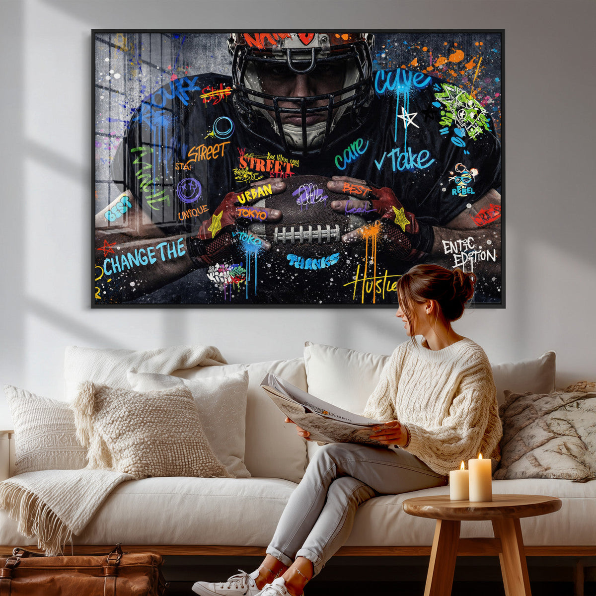 Graffiti American Football Player Street Art Wall Art Canvas