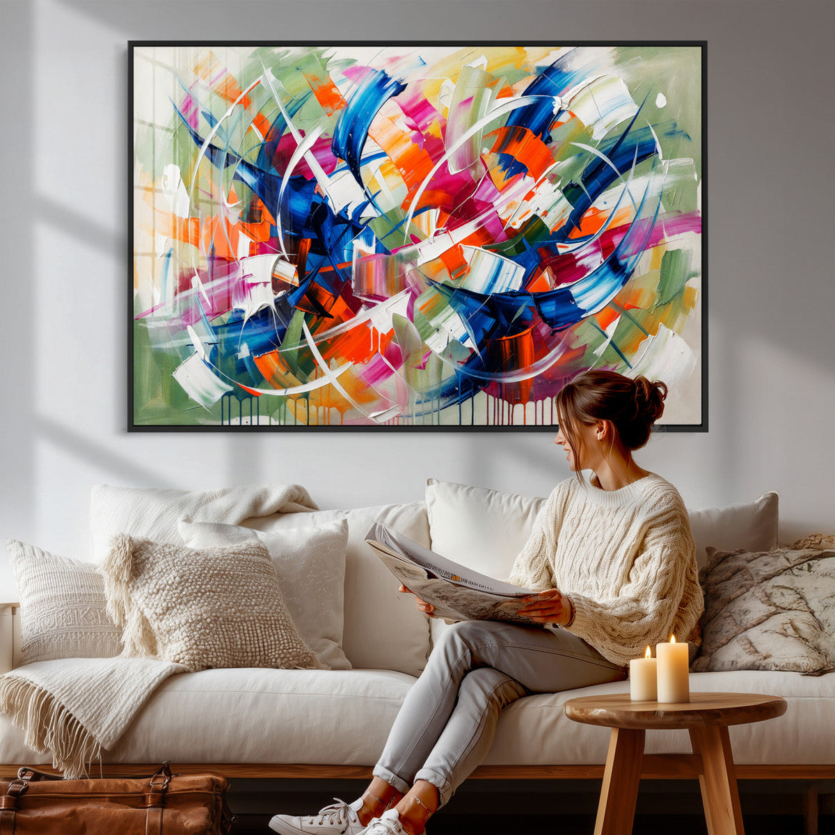 Geometric Abstract Wall Art Canvas Print, Orange Blue