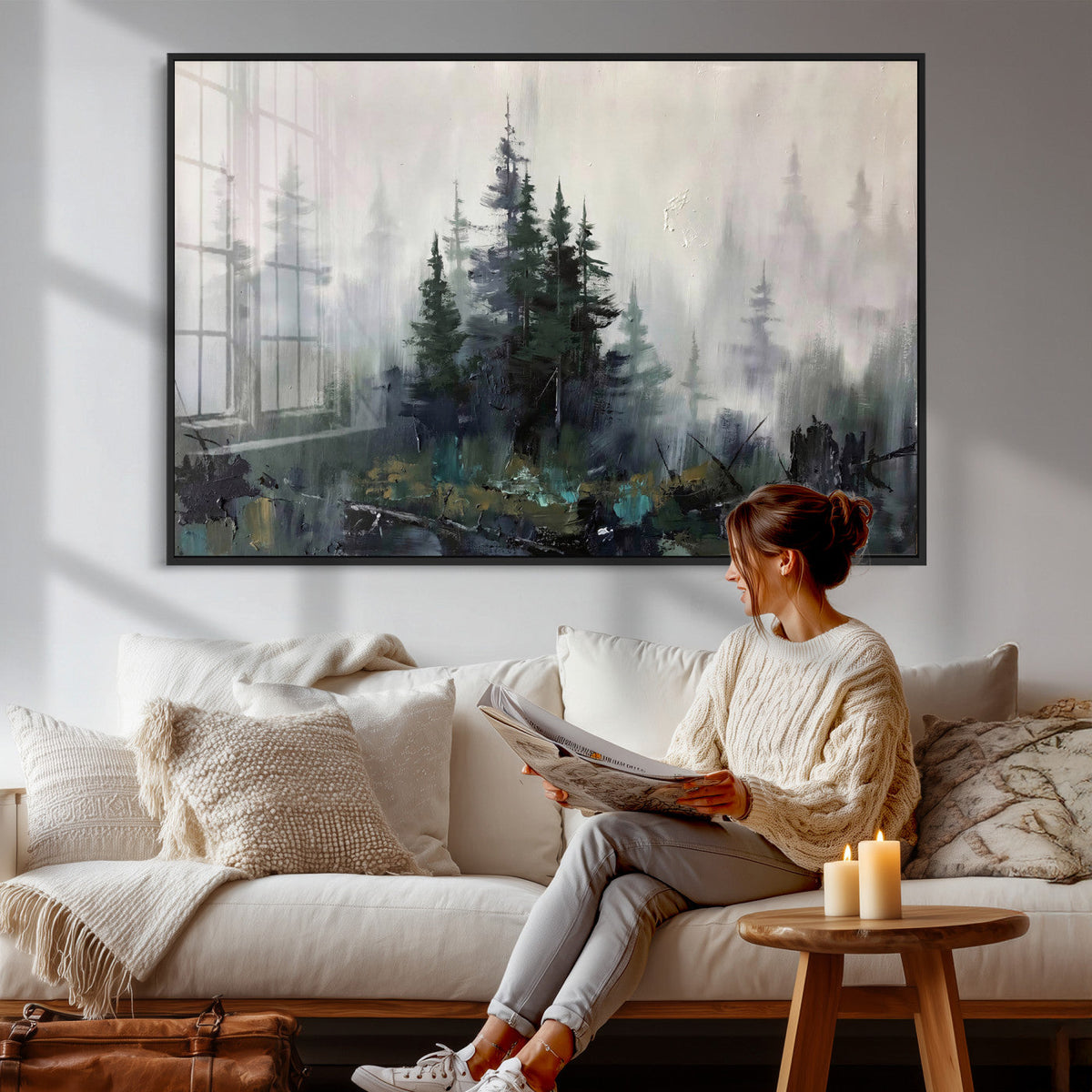 Misty Pine Forest Oil Painting Canvas — Dark Moody Teal Grey