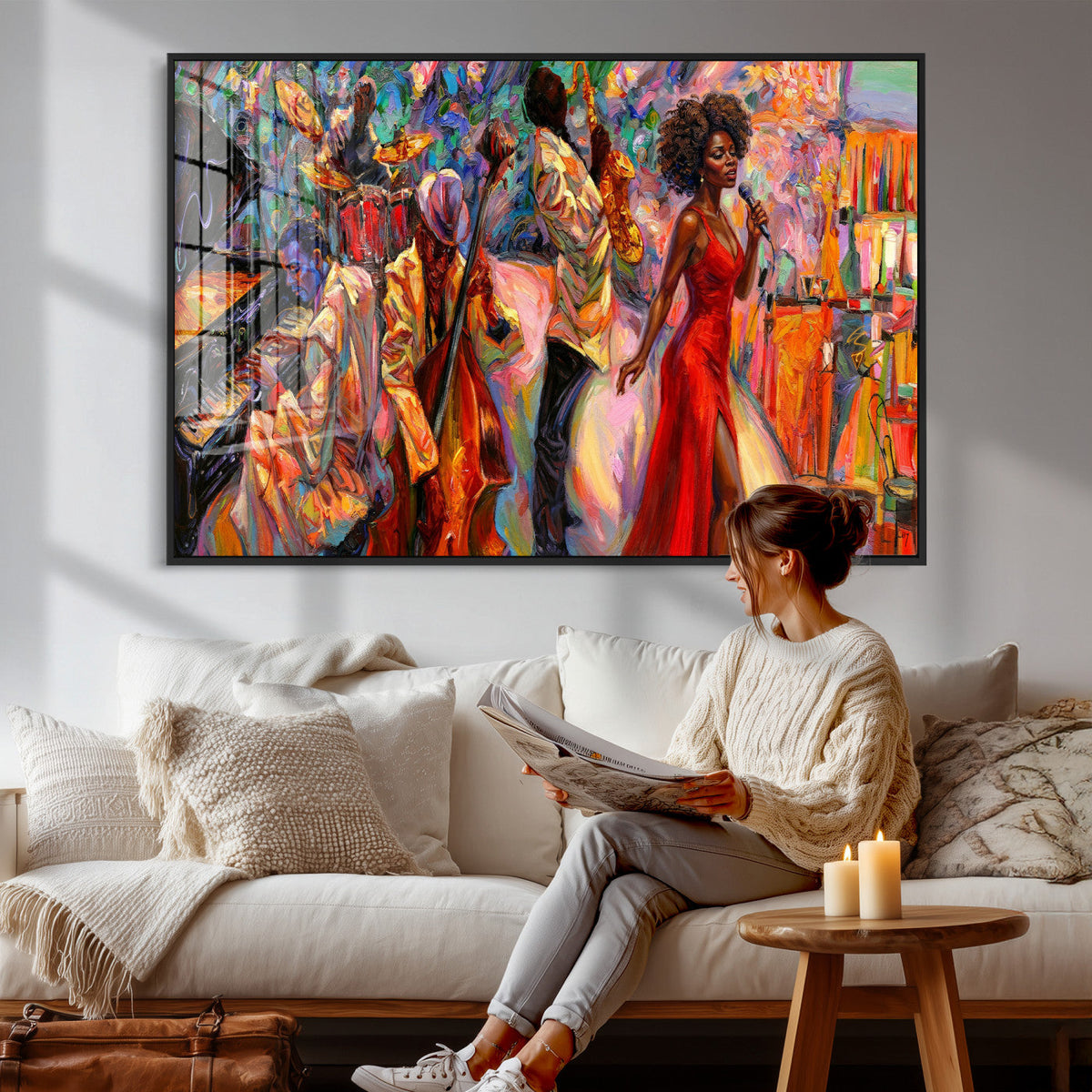 African American Jazz Singer Canvas Art — Red Dress Black