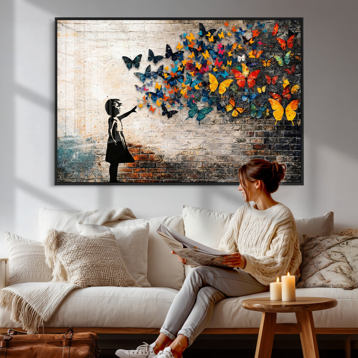 Banksy Graffiti Butterfly Girl Wall Art Canvas Print, Framed
