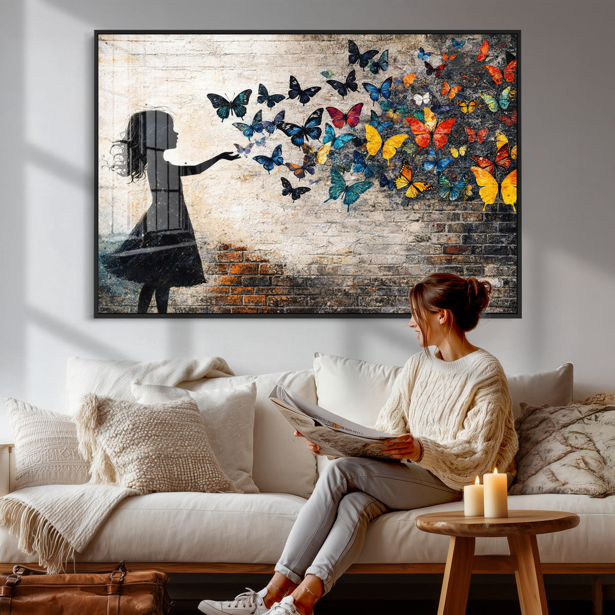 Banksy Butterfly Girl Wall Art Canvas Print, Framed Street