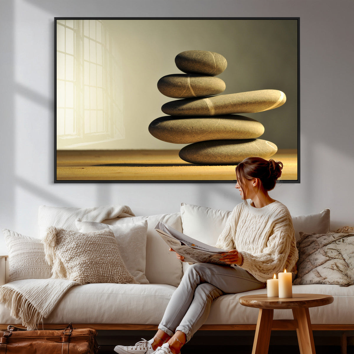 Zen Stone Wall Art Canvas Print, Balanced Rock Stack Framed